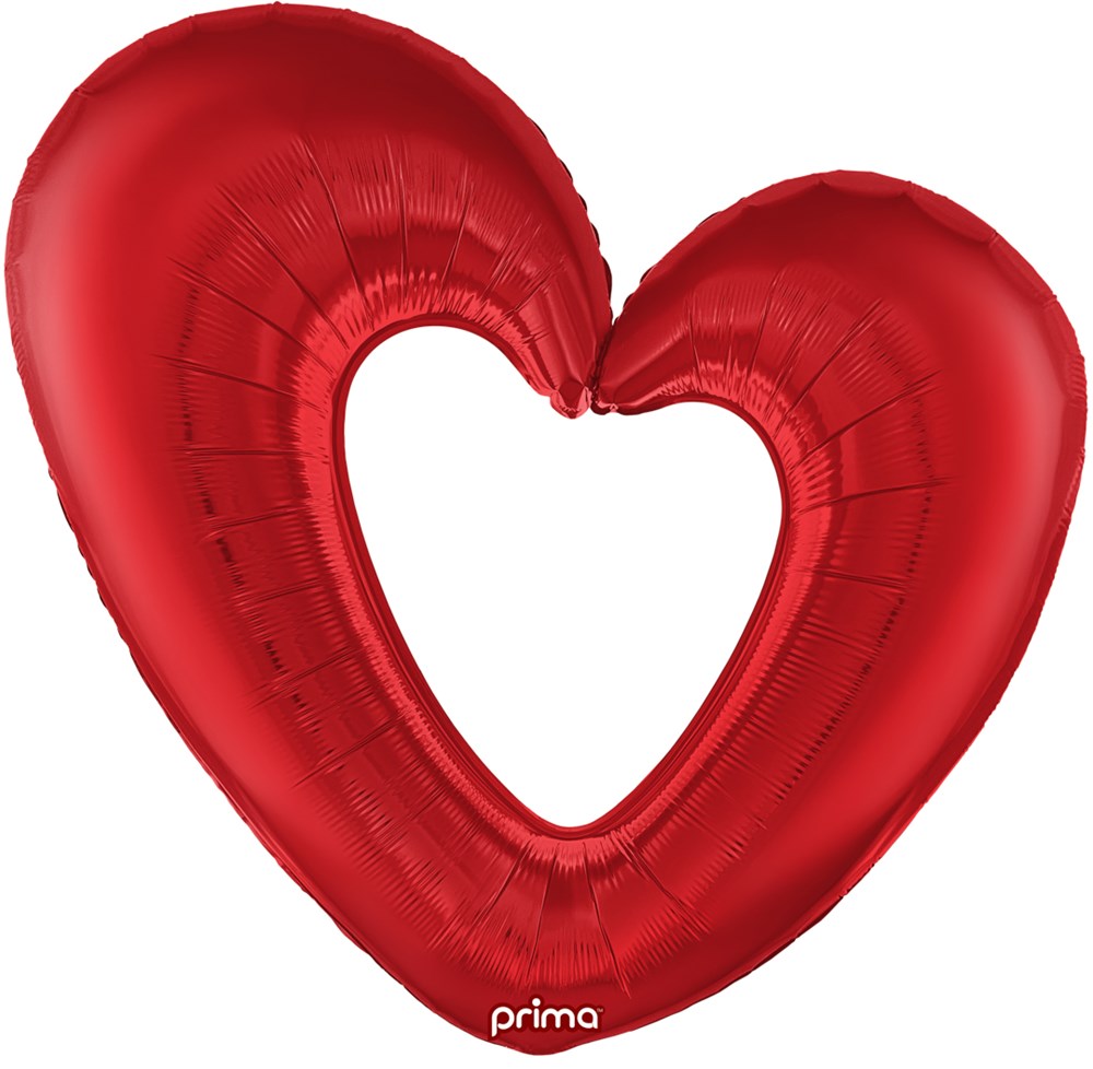 Red foil balloon shaped like an open heart with 40-inch width and shiny finish.