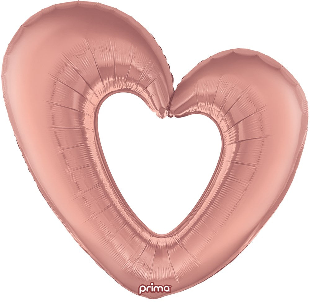 Rose gold foil balloon shaped like an open heart with a 40-inch size and metallic finish.