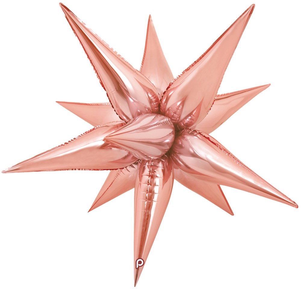 Rose gold metallic foil balloon shaped like a 3D starburst with pointed spikes.