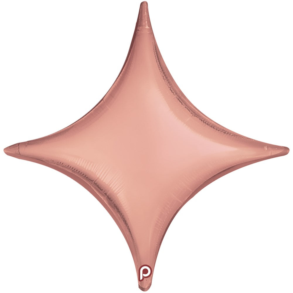 Rose gold metallic star-shaped foil balloon with pointed edges, 18 inches wide.