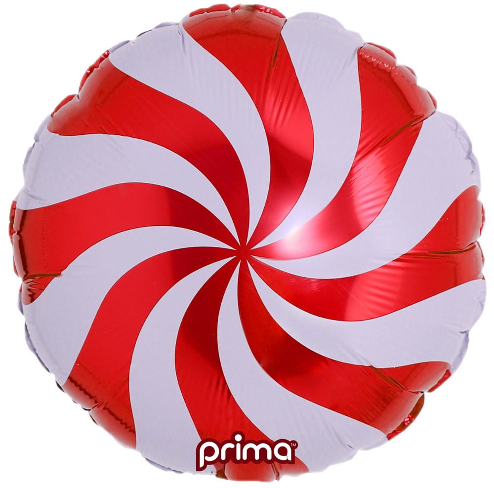 Round 18-inch foil balloon with red and white swirl pattern resembling a candy design.