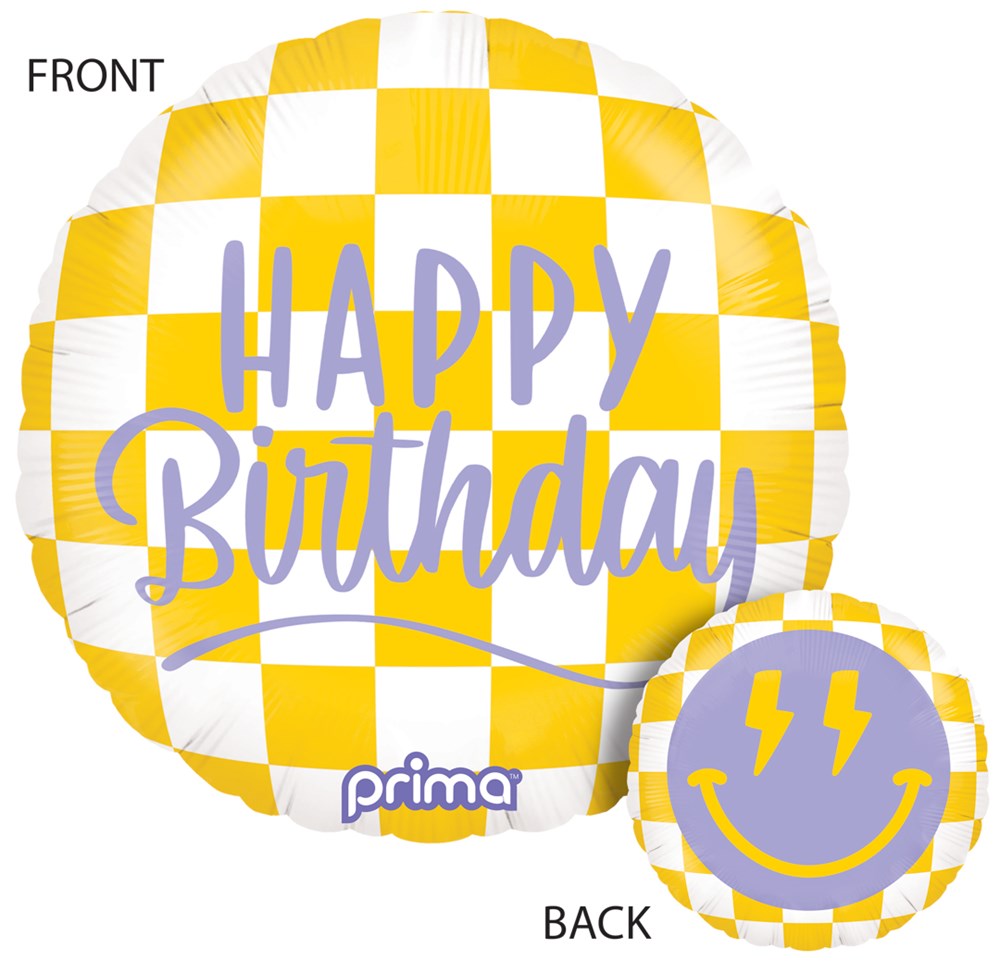 Yellow and white checkered round foil balloon with "Happy Birthday" text in purple and a smiley face with lightning bolts on