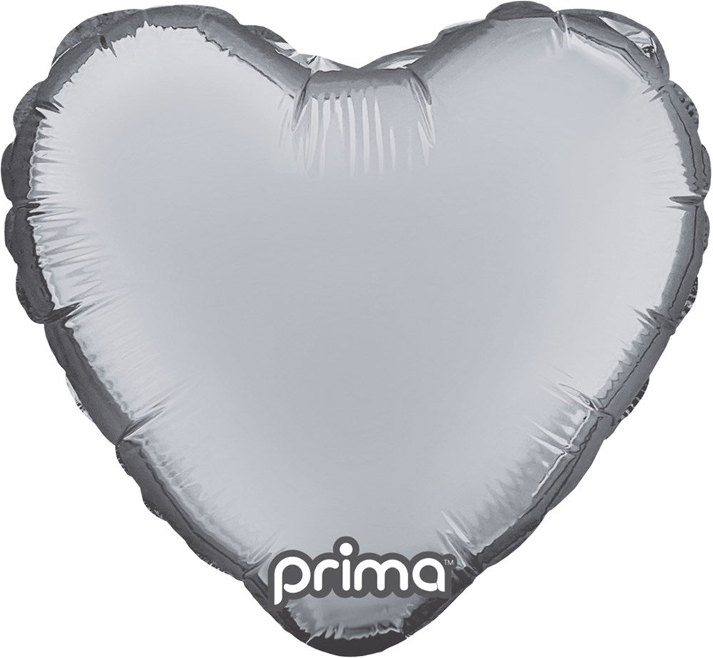 Shiny silver foil heart-shaped balloon, 9 inches wide, smooth surface with slight creases.