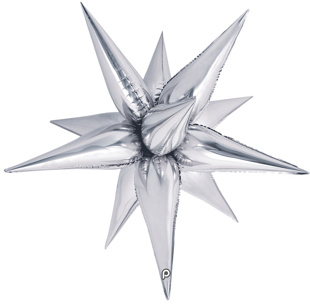 Silver starburst foil balloon with 26-inch spikes radiating from a central sphere.
