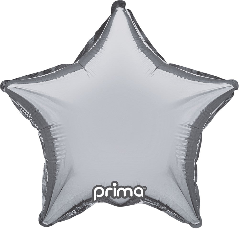 Silver star-shaped foil balloon with a smooth, shiny finish and small "prima" logo at the bottom center.