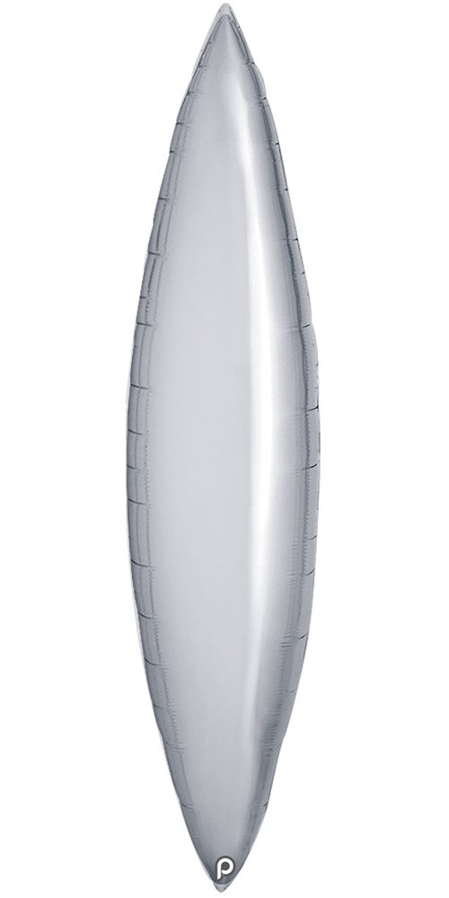 Silver elongated tapered foil balloon with a smooth, shiny surface, 36 inches long.