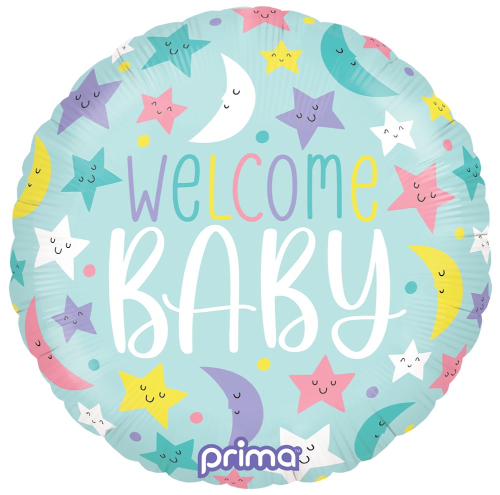 Round teal foil balloon 18 inch with colorful stars, crescent moons, and "Welcome Baby" text.