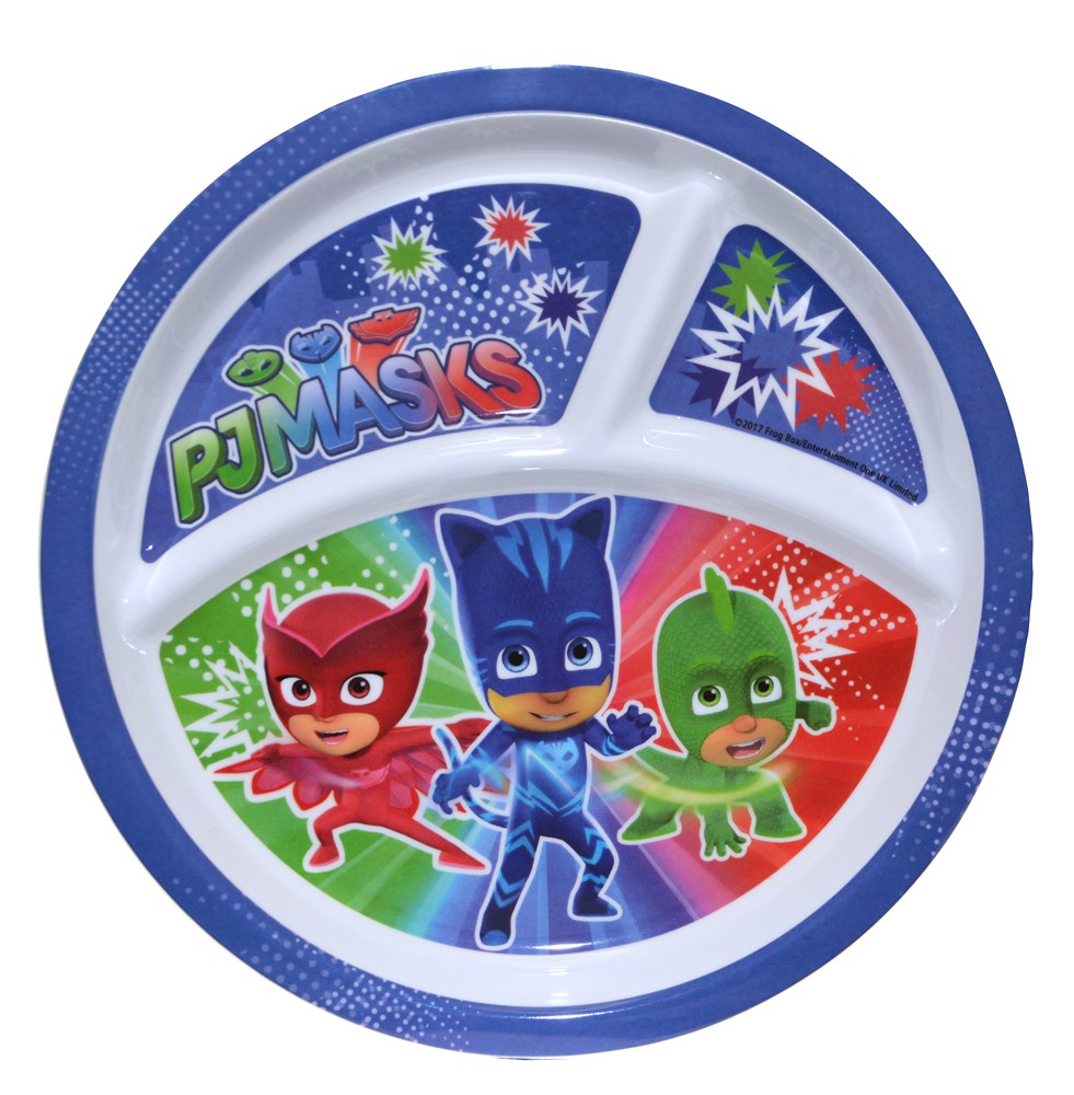 Round plastic plate with three sections, blue rim, and colorful PJ Masks characters in red, blue, and green.