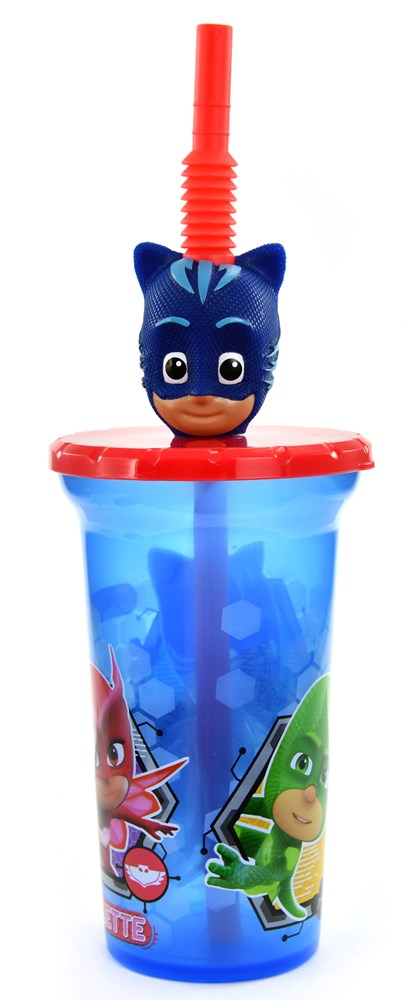 Blue plastic 15oz cup with PJ Masks characters and red lid featuring Catboy straw topper.