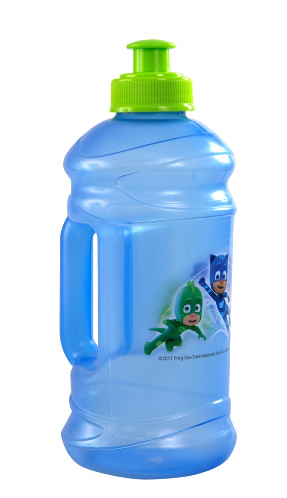 Blue plastic water jug with green push-pull lid and PJ Masks characters printed on front.