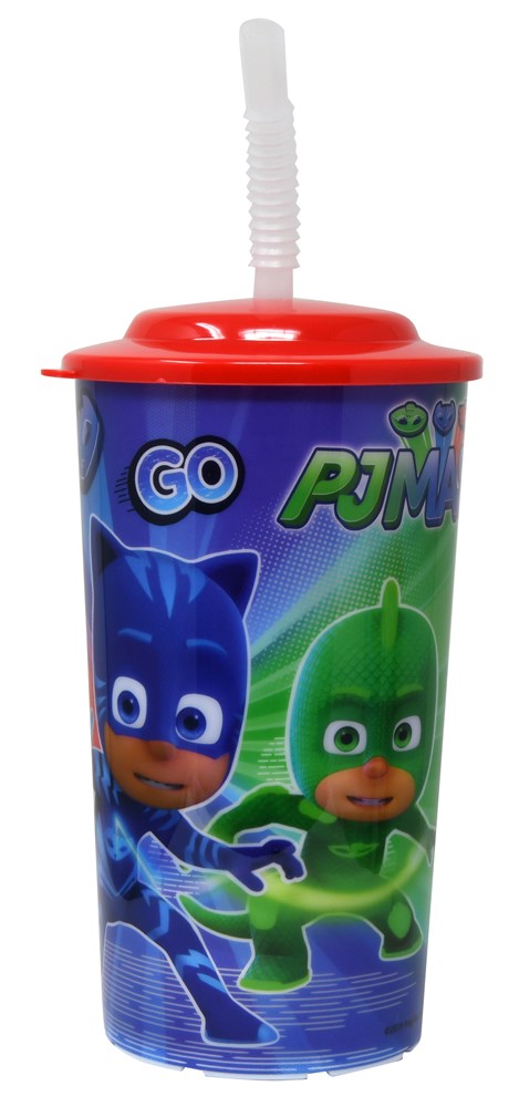 Colorful PJ Masks sports tumbler with red lid, clear straw, and superhero characters on blue background.