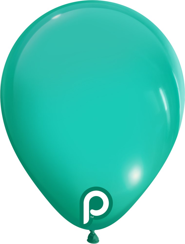 Glossy aqua blue 5-inch latex balloon with a small white circle and "P" logo near the bottom.