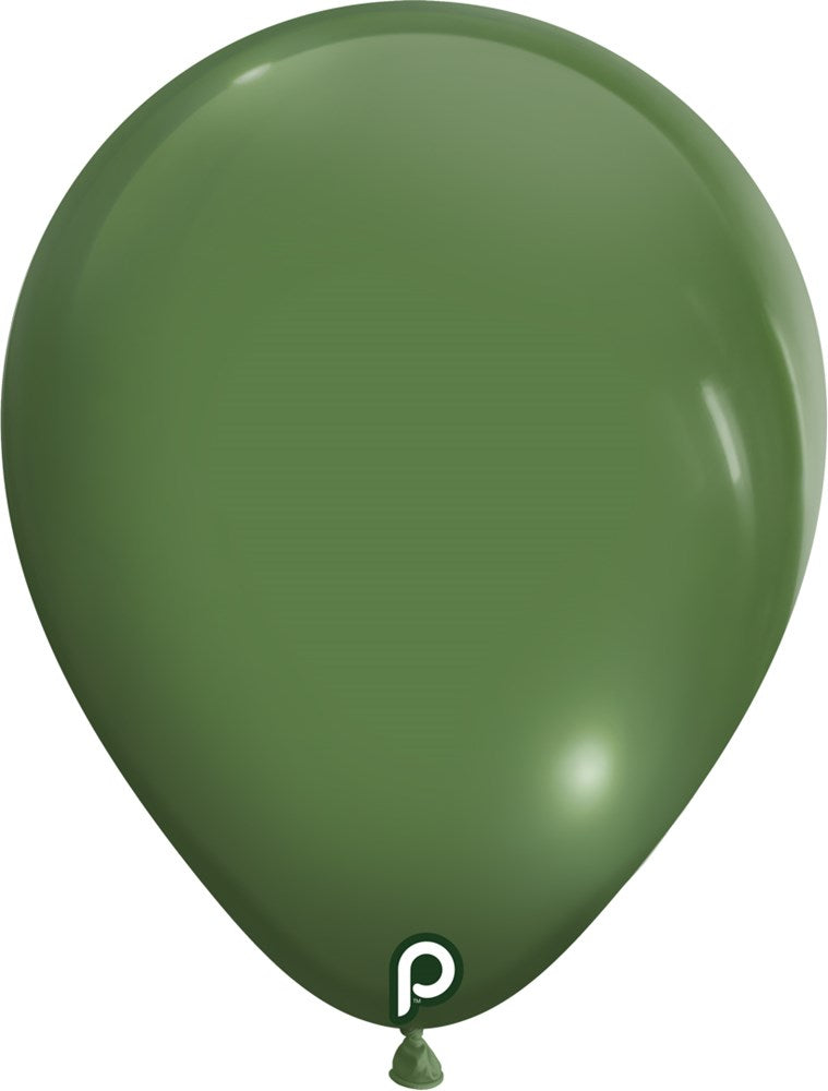 Matte avocado green 11-inch latex balloon with a classic rounded shape and tied neck.