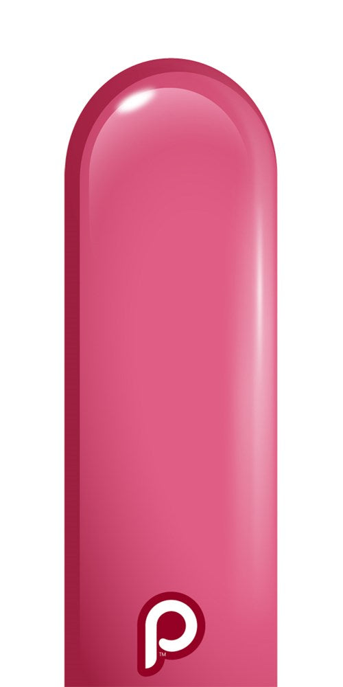 Glossy bubblegum pink latex balloon with a long nozzle, small white logo near base.