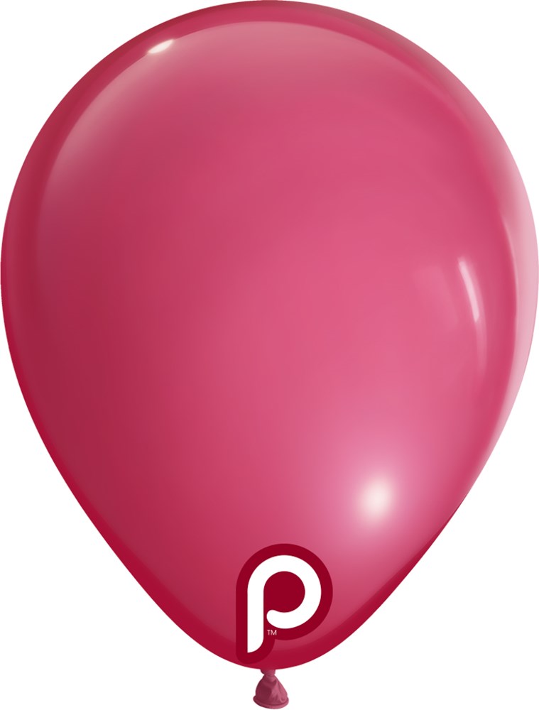 Glossy bubblegum pink 5-inch round latex balloon with a small white “p” logo near the neck.