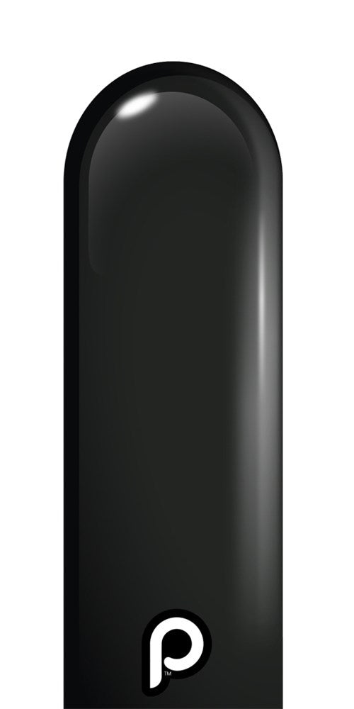 Long black latex balloon with a rounded tip and a white "p" logo near the base.