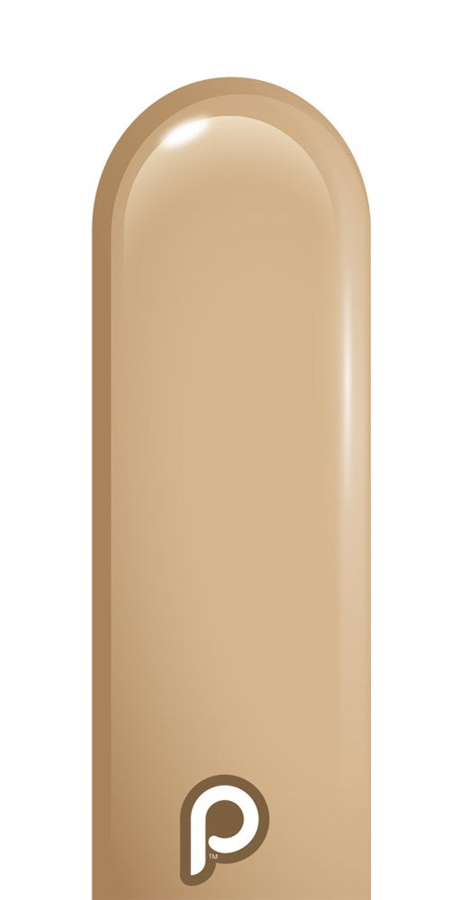 Blush pink elongated latex balloon with rounded tip and small printed logo near base.