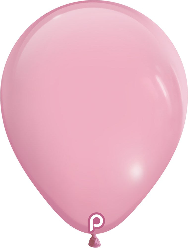 Glossy baby pink latex balloon inflated to 11 inches with a tied neck and subtle shine.