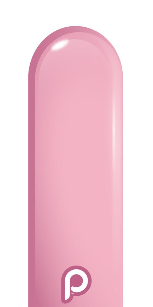 Baby pink latex balloon with rounded tip and small white "p" logo near base.
