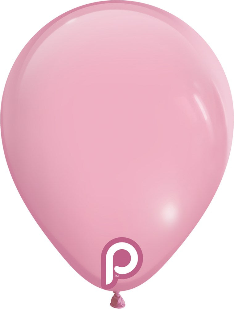 Glossy baby pink latex balloon inflated to a teardrop shape with a small rounded tip and a tied neck featuring a white "P".