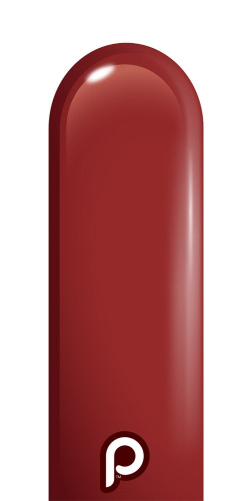 Glossy burgundy latex balloon with a rounded tip and a white lowercase "p" logo near the base.