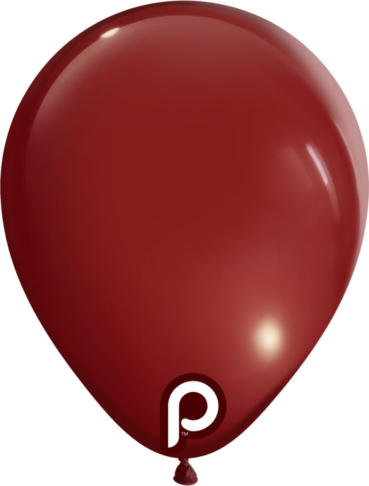 Glossy burgundy 5-inch latex balloon with a rounded teardrop shape and small logo near the base.
