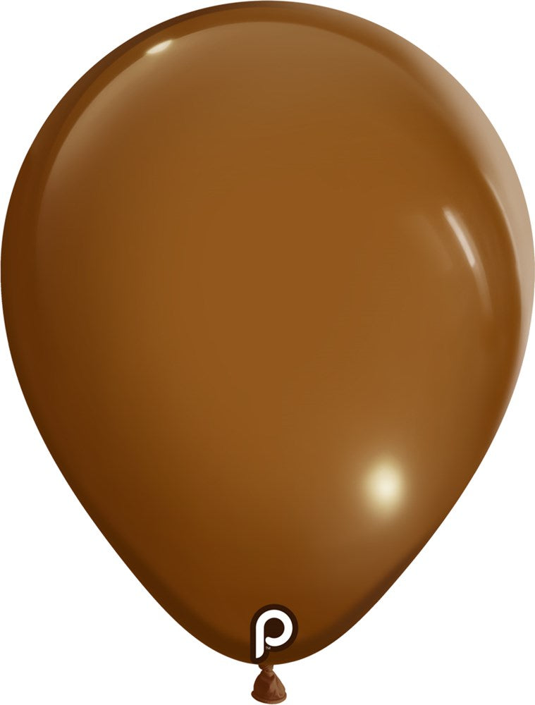 Glossy medium brown latex balloon inflated to a round, teardrop shape with a small white logo near the tied end.