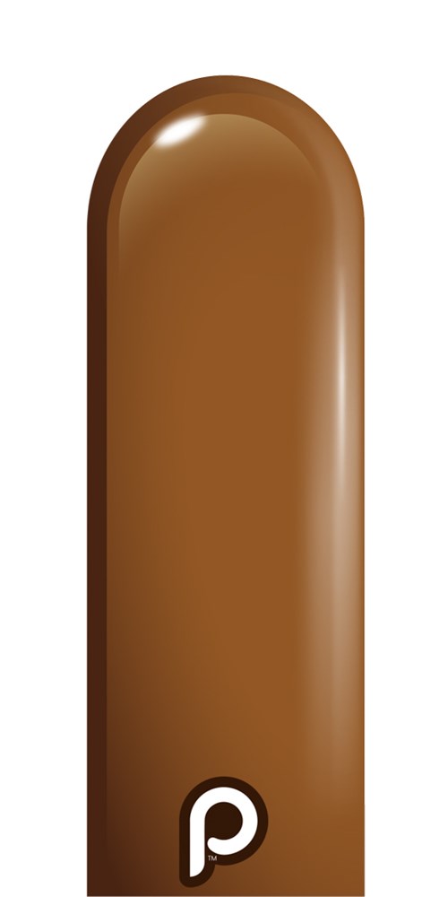 Brown elongated latex balloon with rounded top and white "p" logo near base.