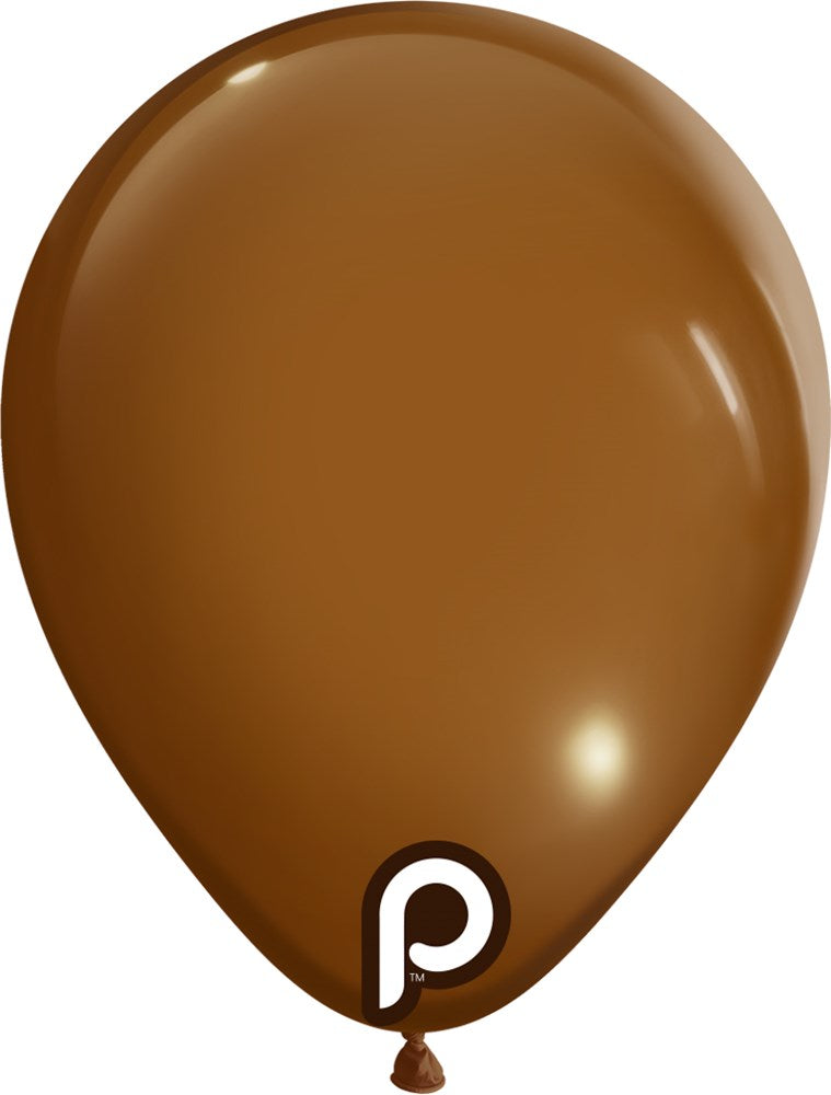 Brown 5-inch latex balloon with a small white "p" logo near the tied end.