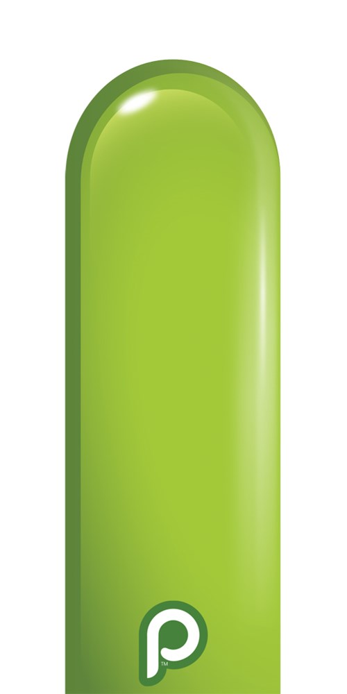 Glossy chartreuse latex balloon with a rounded top and white "p" logo near the base.