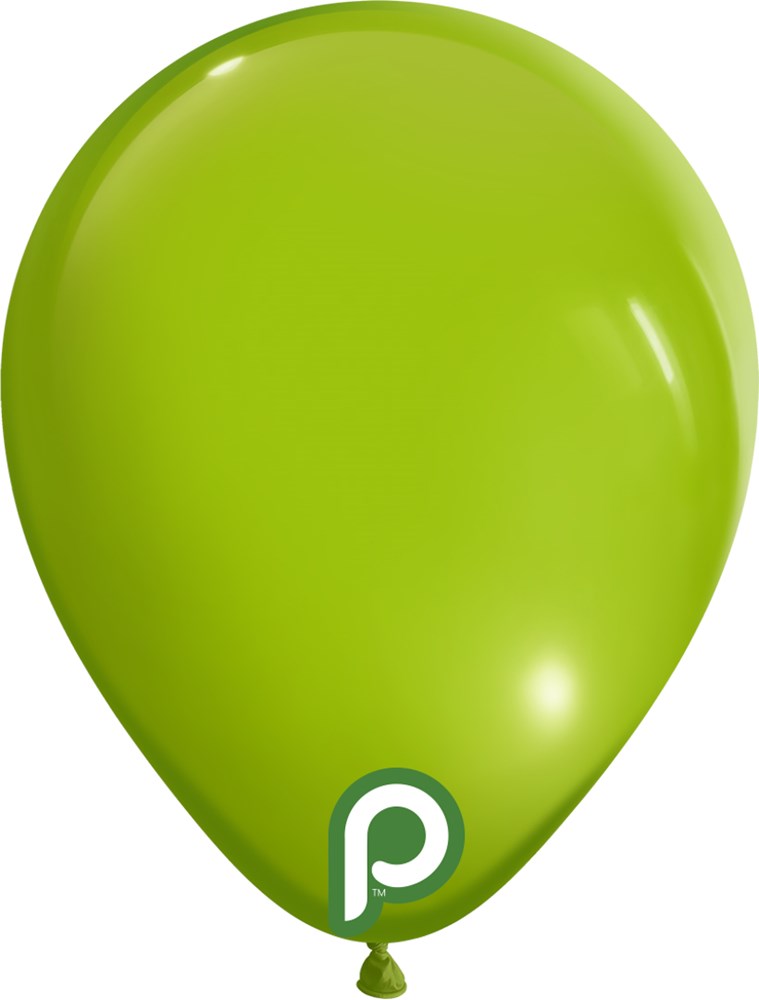 Glossy chartreuse green 5-inch latex balloon inflated with shine and subtle highlight.