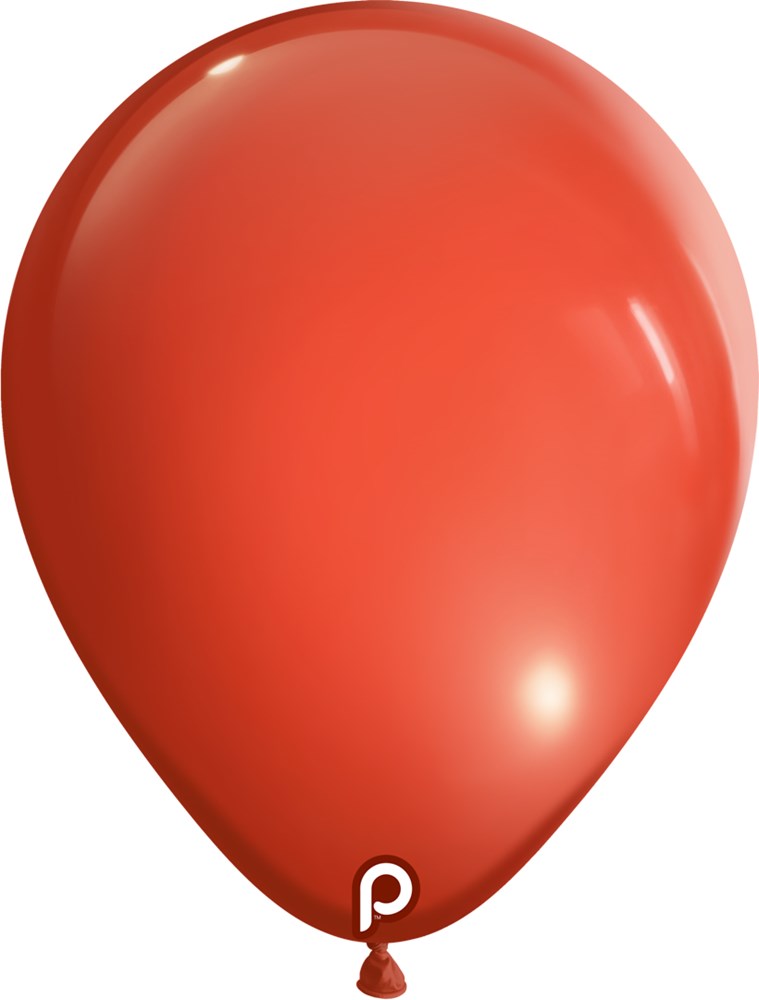 Coral-colored round latex balloon with glossy finish and small white logo near the bottom.