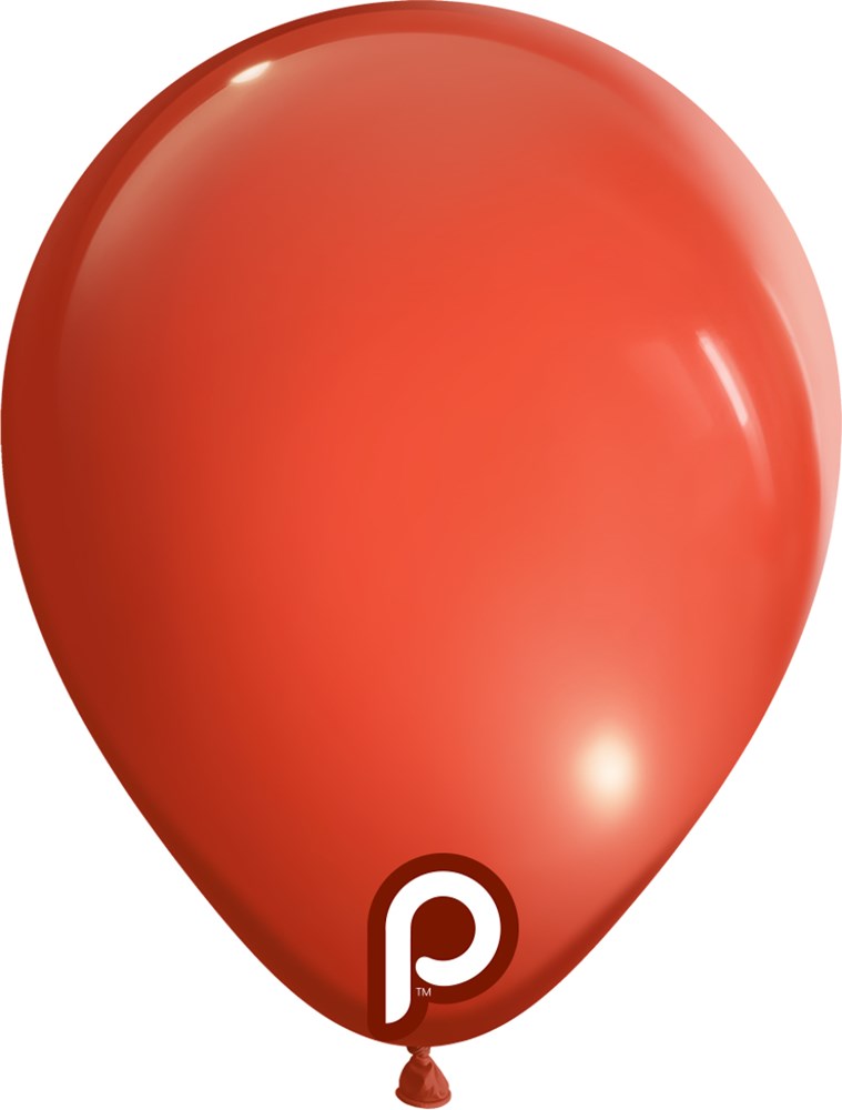 Coral-colored 5-inch latex balloon with smooth, shiny surface and small logo near base.