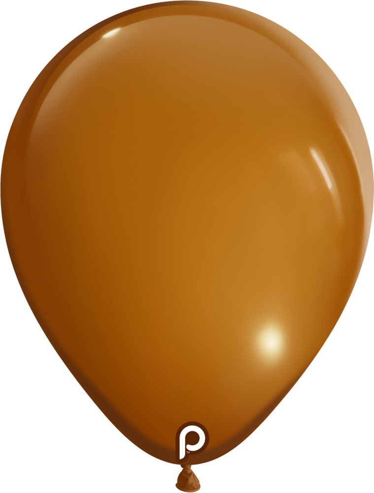 Caramel-colored 11-inch latex balloon with a glossy finish and small white logo near the tied end.