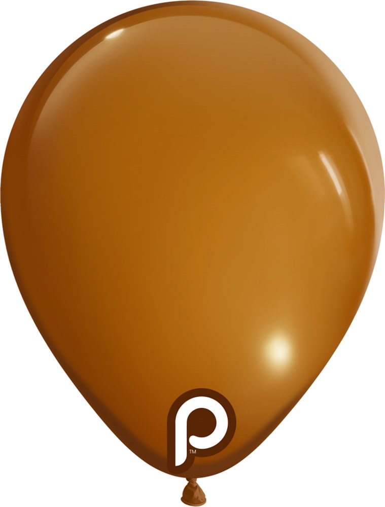 Glossy caramel brown latex balloon, round 5-inch shape with smooth surface and subtle highlights.