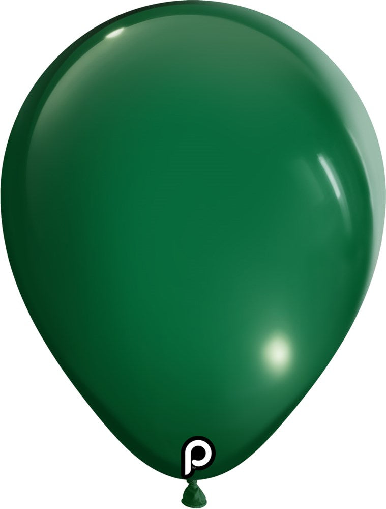 Dark green, glossy latex balloon inflated to 11-inch teardrop shape with a small knot at the bottom.