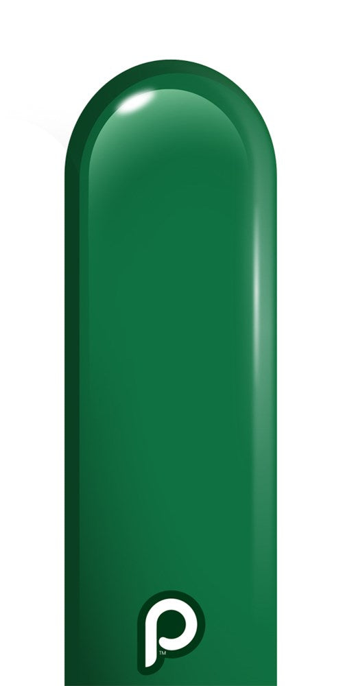 Dark green elongated latex balloon with a rounded tip and a narrow nozzle end.