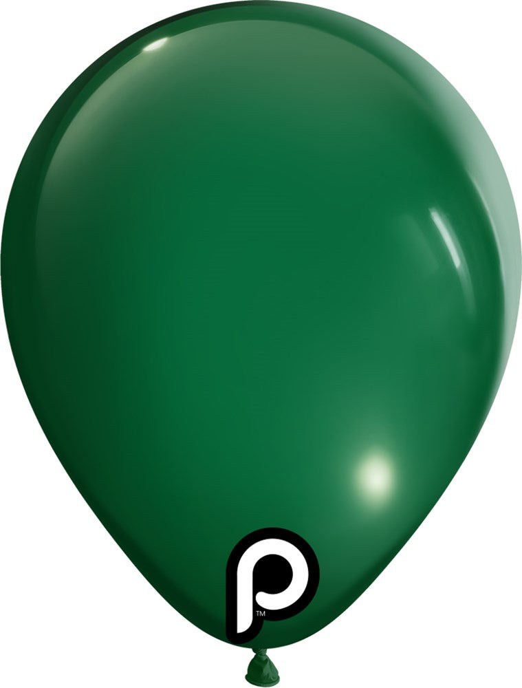 Dark green 5-inch round latex balloon with glossy finish and small white logo near the base.