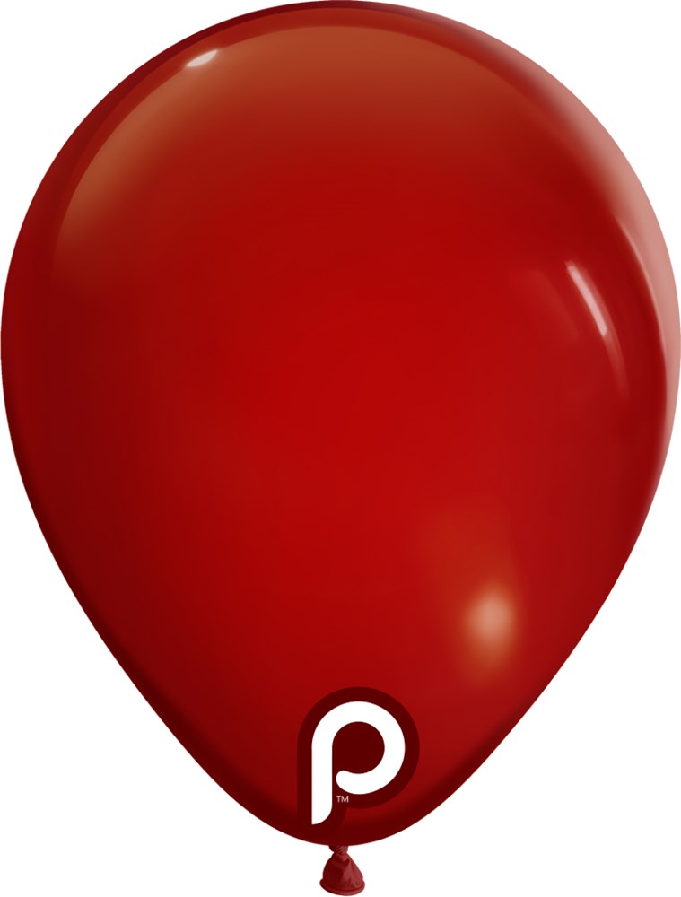 Deep garnet red 5-inch round latex balloon with glossy finish and a small white logo near the base.