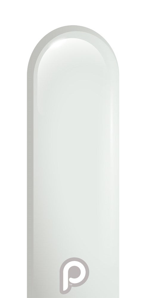 Clear elongated latex balloon with a nozzle facing up, showing subtle transparency and a small “p” logo near the bottom.