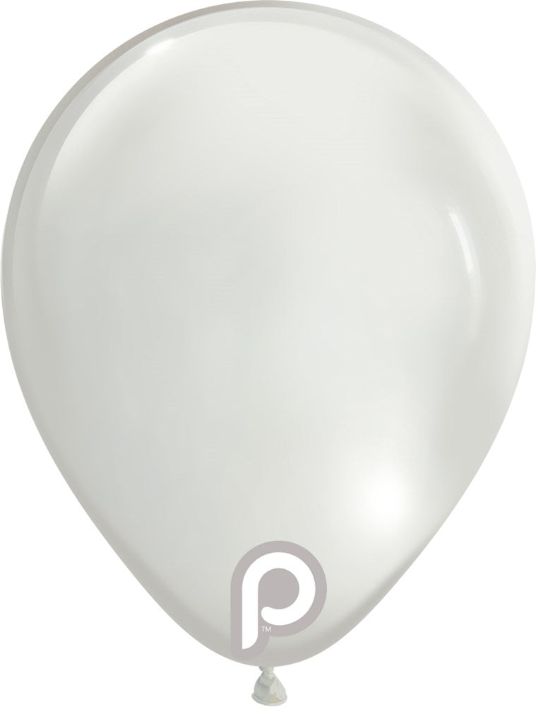 Transparent clear 5-inch round latex balloon with a subtle glossy finish and a small logo near the base.