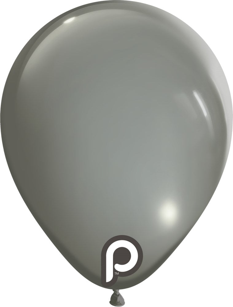 Gray 5-inch latex balloon with a smooth, glossy finish and a small white logo near the tied end.
