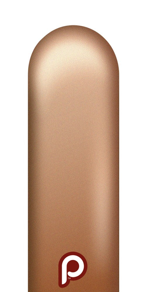 Glossy rose gold latex balloon in a long, thin 260 shape with a rounded tip and closed nozzle end.