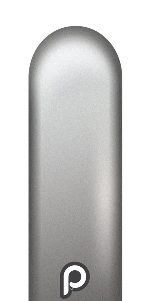 Silver metallic latex balloon with rounded, elongated shape and small "p" logo near the bottom.