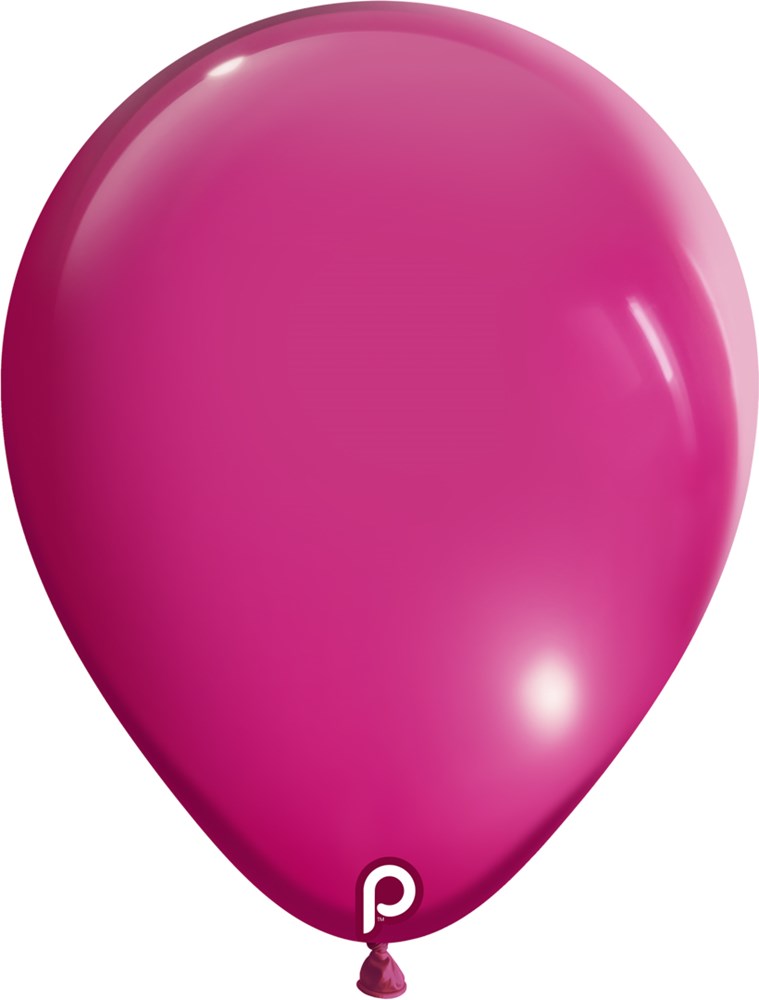 Bright pink 11-inch round latex balloon with glossy finish and small white "p" logo near the nozzle.