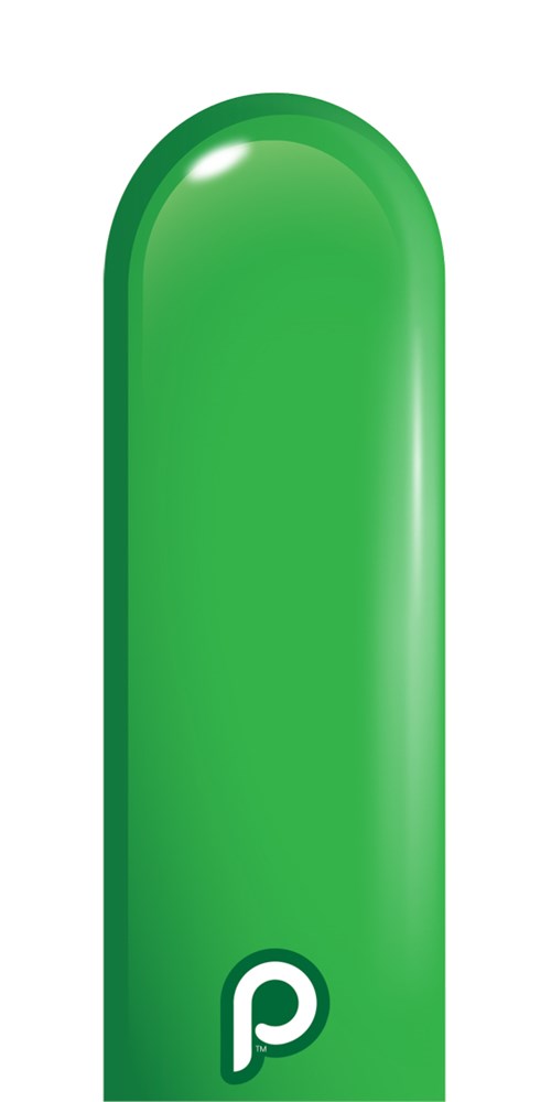 Long lime green latex balloon with rounded tip and small white "p" logo near the nozzle end.
