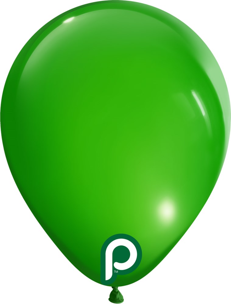 Glossy lime green 5-inch latex balloon with a small white and green "P" logo near the bottom.