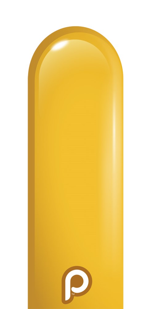 Glossy yellow latex balloon with rounded tip and small white logo near base.
