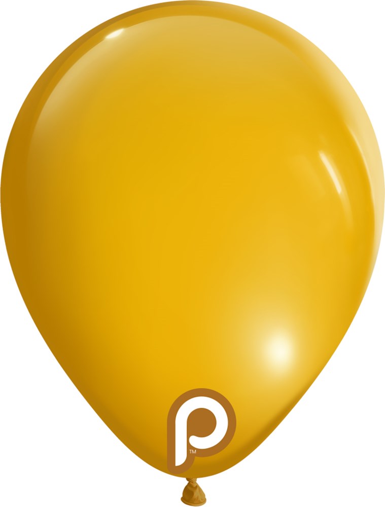 Glossy 5-inch mango yellow latex balloon with tied end and small white logo near base.