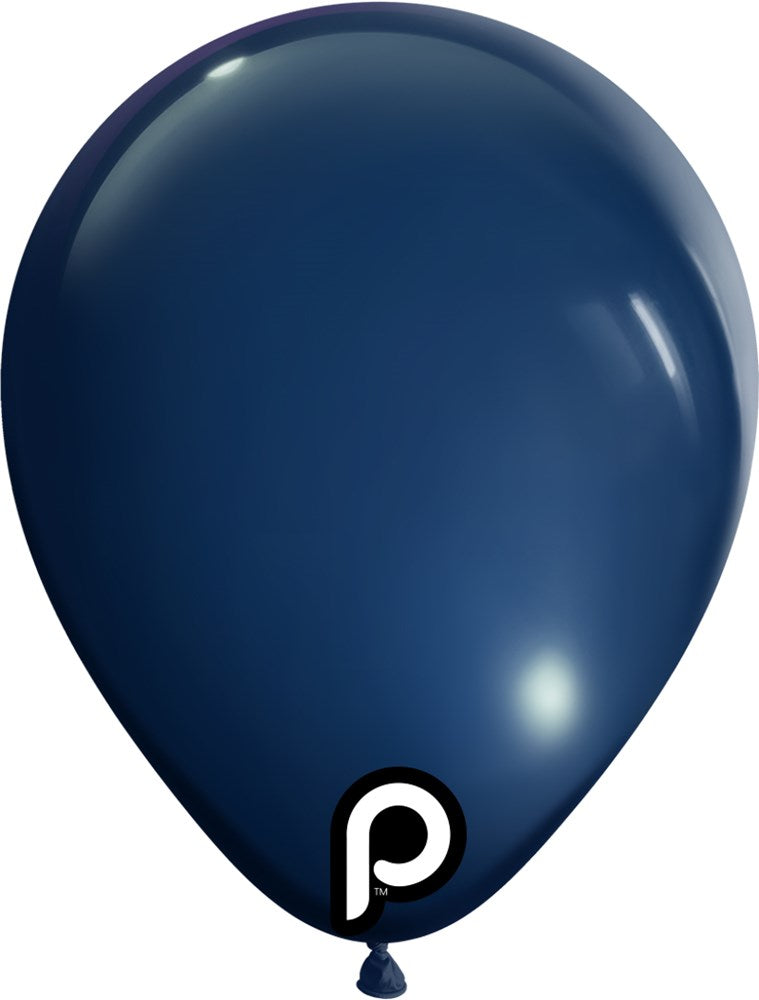 Shiny navy blue 5-inch latex balloon with a rounded shape and small tied end.